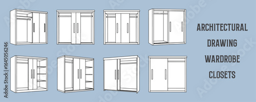 Architectural vector drawings of wardrobe closets with simple sliding doors in modern and minimalist styles, detailed black line art furniture illustrations for interior design and storage planning
