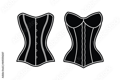 Two Corset Designs in Black and White Silhouette Style Featuring Different Styles and Shapes for Fashion or Costume Design silhouette
