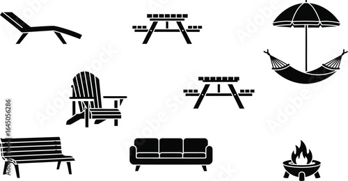 Summer camp outdoor and garden furniture. Lounge chair, Adirondack chair, picnic table, hammock, and benches. 
patio umbrella, a couch, and fire pits, fire bowls. 