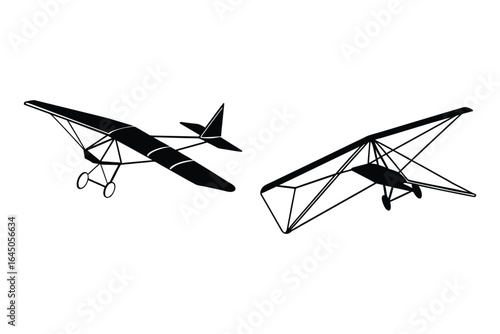 Two Ultralight Airplanes in Flight Depicted in a Bold Silhouette Style on a White Background silhouette