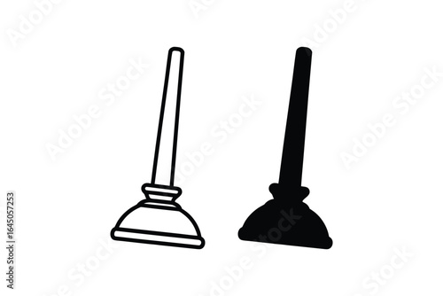 Plunger Icon Set with Outline and Solid Fill for Plumbing and Household Use silhouette