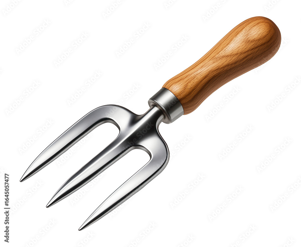Obraz premium Compact hand-held garden fork with three sturdy prongs, designed for weeding small flower beds in a cottage garden.