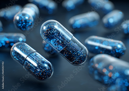 Floating Transparent Capsules Containing Blue Circuitry Against a Dark Background pill medical