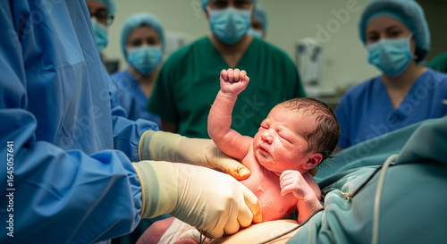 A newborn C section baby is gently held by  masked doctor in a delivery room immediately after birth, moments filled with care and emotion