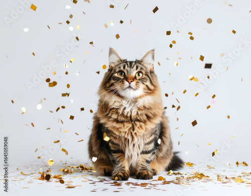 Fluffy Tabby Cat with Gold Confetti on White, Celebration Portrait