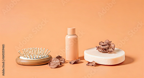 Neutral Skincare Bottle with Hairbrush and Dried Flowers on Peach Background