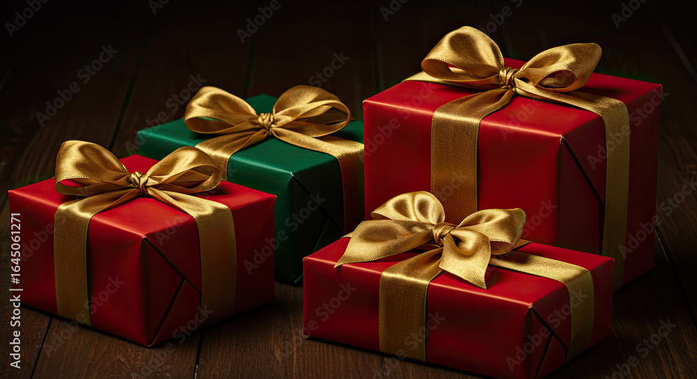 Obraz premium Elegant Red and Green Gift Boxes with Gold Ribbons.