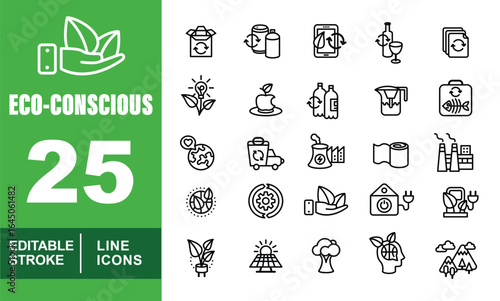 Eco-Conscious set of web icons in line style. Exclusive Eco-Conscious linear icon collection. Containing box, cans, phone, bottle, paper, plant, apple, solar, and more. Editable stroke Vector 