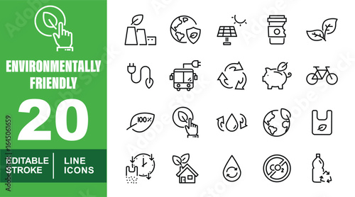 Environmentally Friendly set of web icons in line style. Exclusive Environmentally Friendly linear icon collection. Containing leaf, factory, solar, bus, recycling, bicycle, and house. Editable stroke