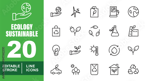 Ecology Sustainable set of web icons in line style. Exclusive Ecology Sustainable linear icon collection. Containing globe, windmill, fuel, bag, plant, factory, water, car, and more. Editable stroke