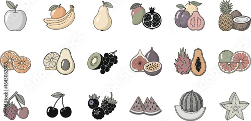 Illustration of various fruits including apple banana and watermelon slices