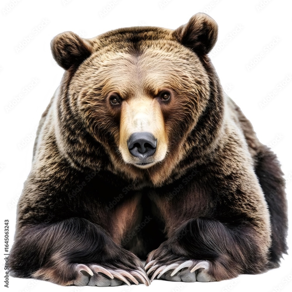 Obraz premium 茶色のクマが正面を向きリラックス 背景白 肖像画 野生動物 毛皮 動物