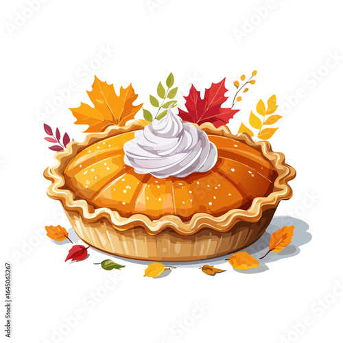 Watercolor vector illustration of a pumpkin pie with whipped cream