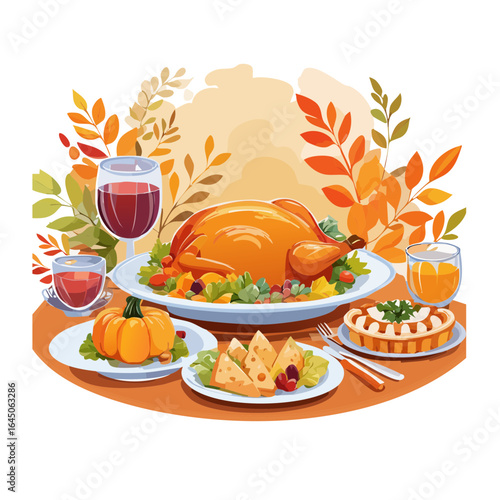 Watercolor vector illustration of a Thanksgiving dining table