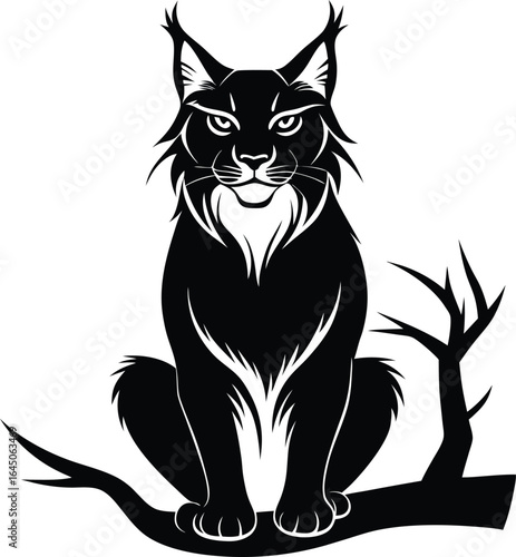 Black Lynx Silhouette on Branch: Vector Art, Wildlife Illustration