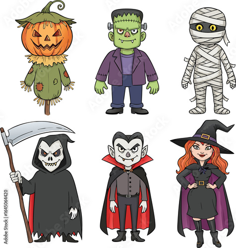 Cartoon halloween characters including scarecrow frankenstein mummy vampire grim reaper and witch