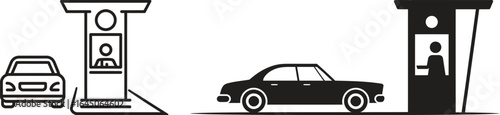 Car at a toll booth and another car at a kiosk