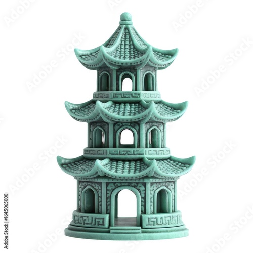 三層構造の緑色アジア風塔詳細な彫刻と白い背景での分離
