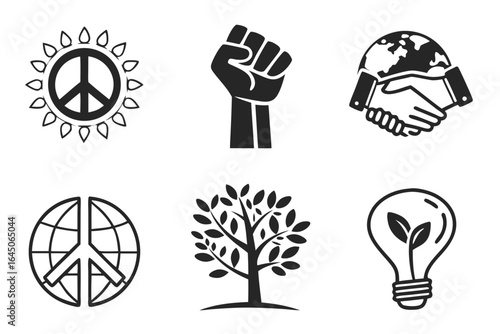 Peace and environmental activism icons isolated on white background