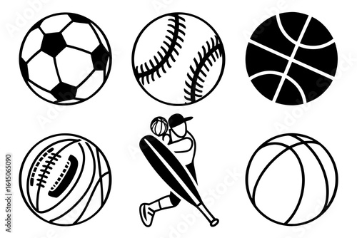 Sports balls and a baseball player isolated on white background