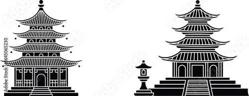Two traditional east asian pagodas with intricate architectural details in black and white silhouette