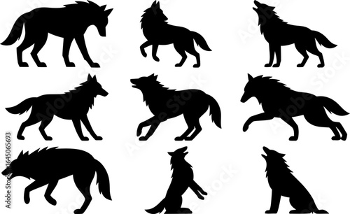 Diverse silhouettes of wolves showcasing various poses and expressions.