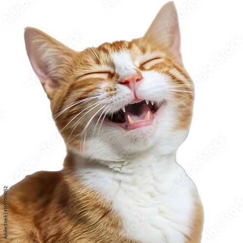 オレンジ色の猫の笑顔クローズアップ 白い背景に分離された遊び心のあるペット