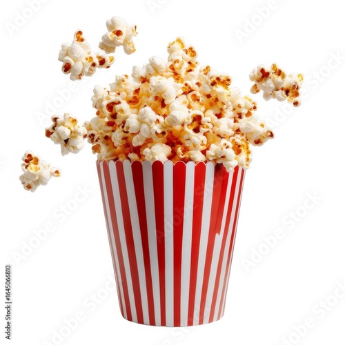 ストライプの紙カップから飛び出すポップコーン 白背景に映画の軽食