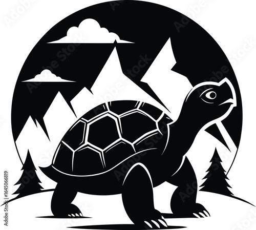Black and White Turtle Hiking in Mountains with Clouds Illustration