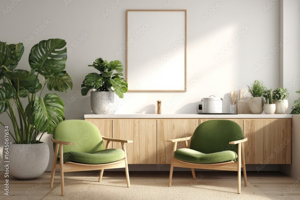 Fototapeta premium Light-filled kitchen nook with green chairs and plants
