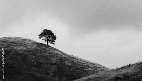 Solitary tree silhouetted against a muted, overcast sky atop a gently sloping hill, rendered in monochrome