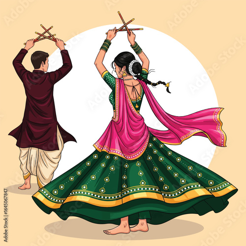 Traditional Indian Couple Performing Garba Dance – Colorful Navratri Dandiya Illustration
