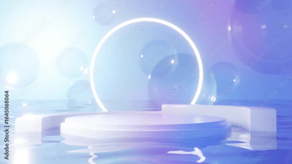 Mock-up podium circulaire blanc sur surface d’eau avec anneau lumineux et bulles transparentes en arrière-plan, décor minimaliste bleu avec espace négatif copyspace