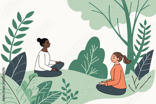 A vector illustration of a young woman sitting in a relaxing yoga pose on a beach under a palm tree