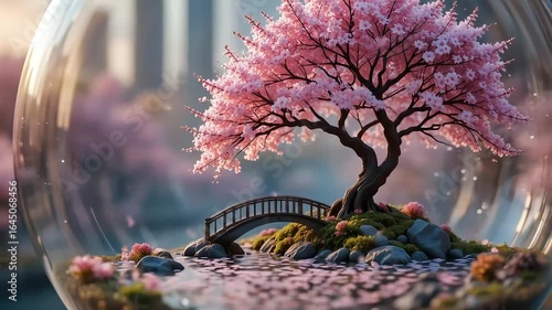 glass terrarium beautiful pink cherry blossom bonsai tree inside dome