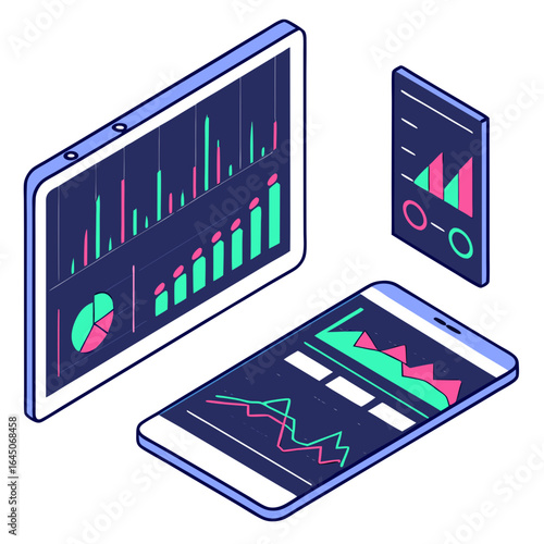 Financial report with video game UI on a tablet, a vector illustration of market growth and success