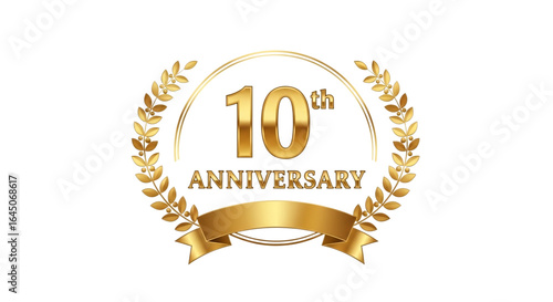 Celebrating 10th anniversary with golden ribbon and laurel wreath isolated on transparent background, a symbol of success and achievement