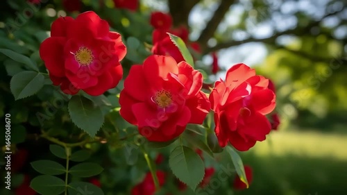 Wallpaper Mural Red Roses Blooming in Garden with Sunlit Trees and Soft Blur – Luxury Perfume Ad Cinematic Video Torontodigital.ca
