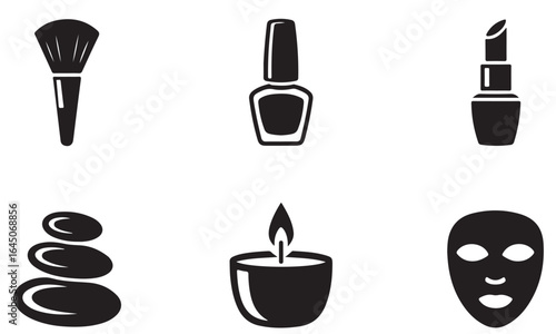 Black and white spa icons including makeup brush, nail polish, lipstick, stones, candle and mask