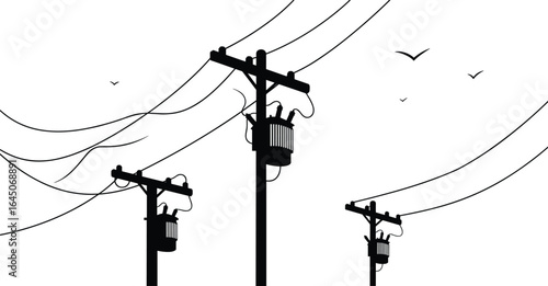 Electric power lines with utility poles vector silhouette, birds flying, minimal black and white illustration, energy infrastructure concept