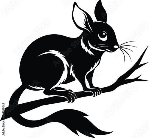 Black Silhouette of a Chinchilla on a Branch, Vector Art, Minimalist