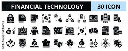 30 Financial Technology Glyph Icons Vector - Digital Payment, Mobile Banking, Cryptocurrency, Blockchain, Personal Finance App
