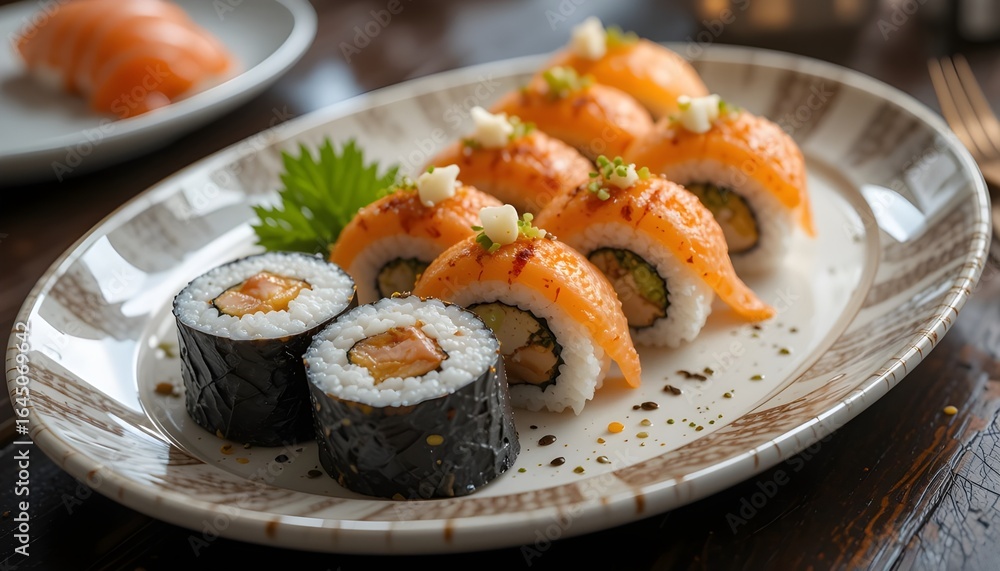 Delicious salmon sushi rolls, fresh and artfully arranged on a plate ready to be savored now Delicious salmon sushi rolls, fresh and artfully arranged on a plate ready to be savored now