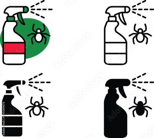 Pest control spray bottle and insect icons in four styles
