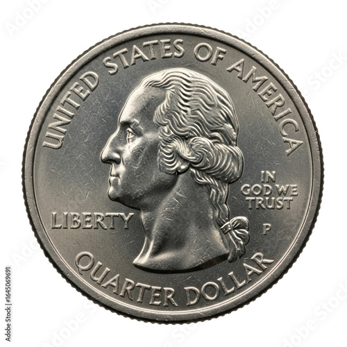 Single silver US quarter dollar coin, obverse side featuring detailed George Washington profile, engraved text and 'P' mint mark clearly visible, isolated on a transparent background, no shadows,