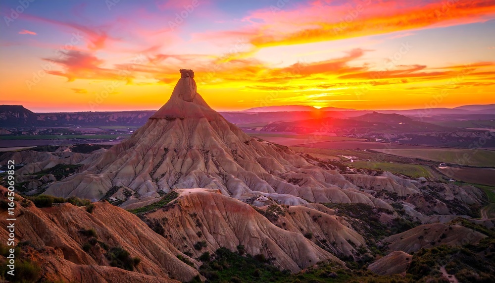 Fototapeta premium Vivid sunset hues paint the sky above a striking, pointed rock formation in a desert landscape