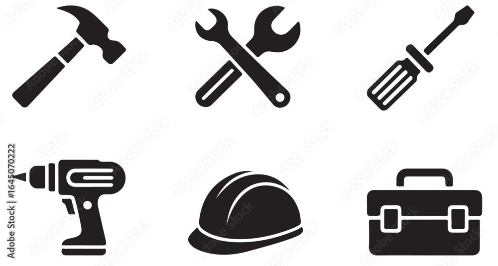 A collection of construction tools including a hammer wrenches screwdriver drill and toolbox icons set 100 A collection of construction tools including a hammer wrenches screwdriver drill and toolbox icons set 100