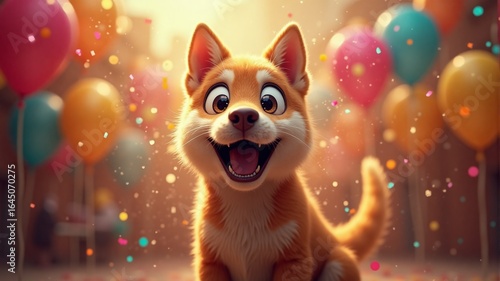 Happy Shiba Inu puppy celebrating with balloons and confetti