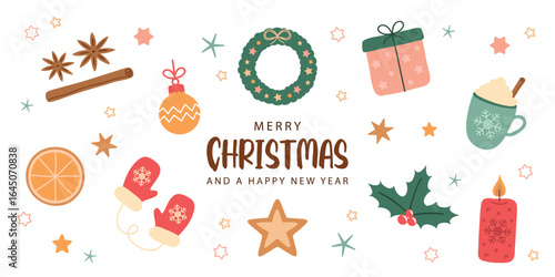 cute christmas greeting card with decoration winter elements isolated vector illustration