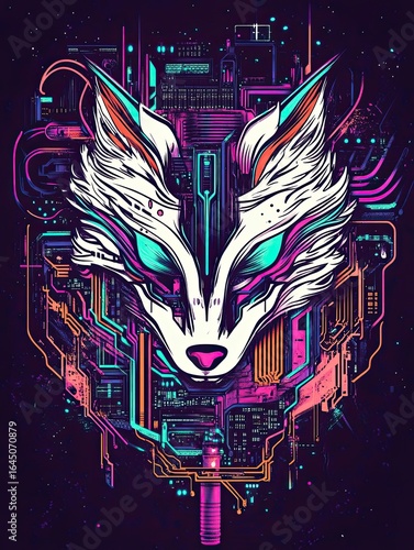Futuristic wolf design with vibrant colors.